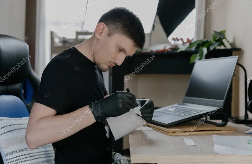 Dienstleister steht lächelnd vor Haus und hält Tablet in der Hand